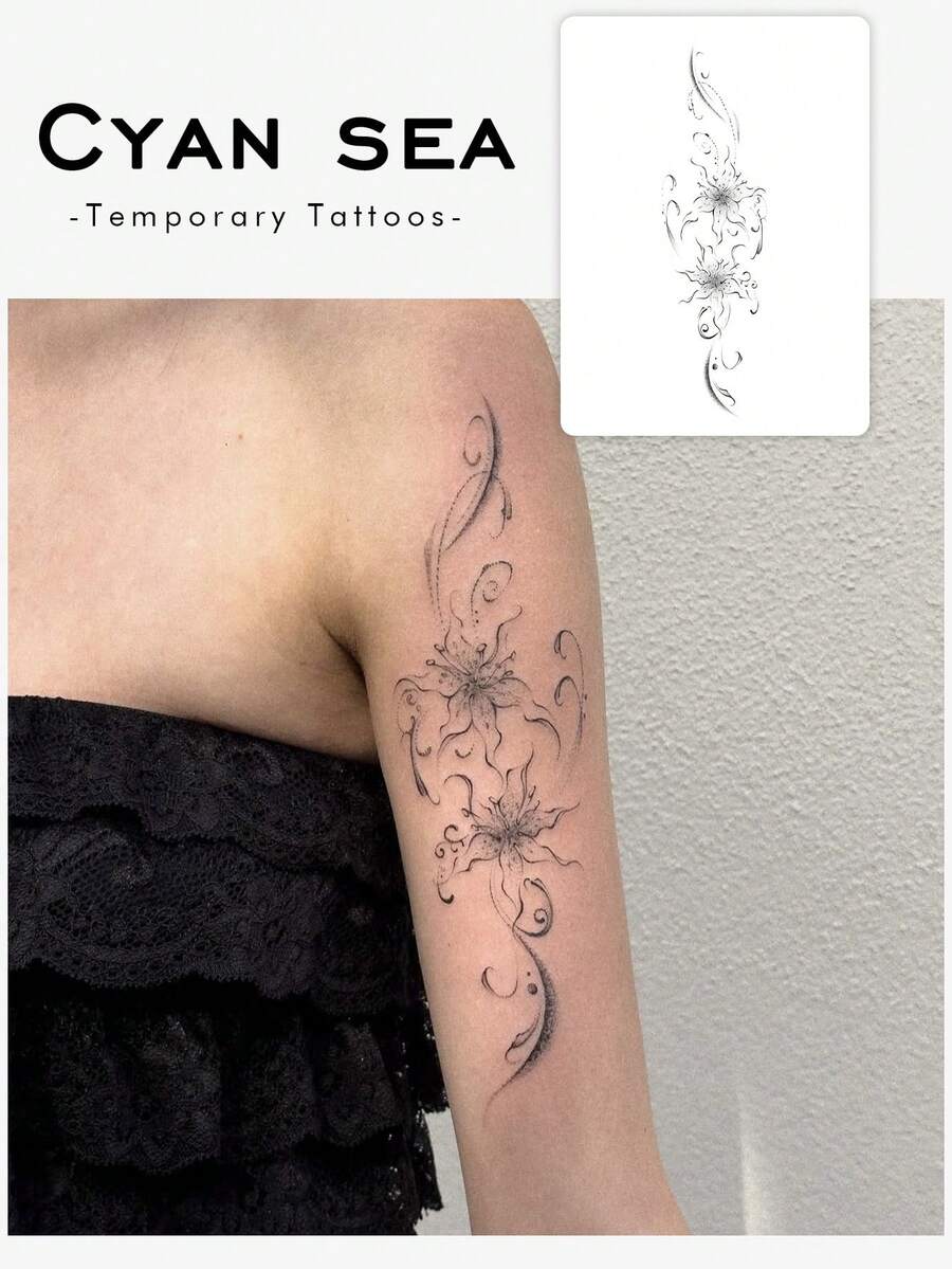 1 pieza Tatuaje temporal impermeable, resistente al sudor y lavable, de material de PVC, diseño personalizado de alta gama, pegatina de tatuaje de pareja con estilo Ins, patrón de flor de lirio y ombligo, adecuado para uso diario, dura de 3 a 5 días - Negro - Ver 1