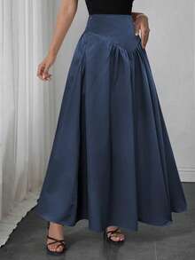 Elegant Women's A-Line Skirt, Suitable For Dates, Student Wear, Daily Travel, Versatile, Casual, Beach And Other Occasions. Elegant And Casual Women's A-Line Skirt, Solid Color, Waist-Shaping, Pleated Design, Woven Fabric, Available In Multiple Colors, Suitable For Outings And Can Also Be Worn As Loungewear. - Navy Blue - View 7