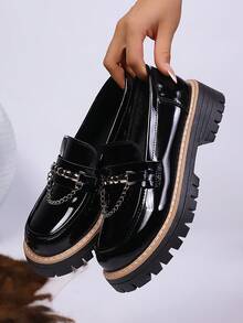 Mocassini casual da donna con punta tonda, neri, con suola spessa, scarpe basse adatte per l'uso quotidiano, per tutte le stagioni