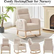 Modern Upholstered Rocking Chair Nursery WithGlider Rocker Chair With High Backrest And Side Pocket, High Back Accent Chair With Wood Legs, Comfy Side Chair For Nursery - Beige - View 6