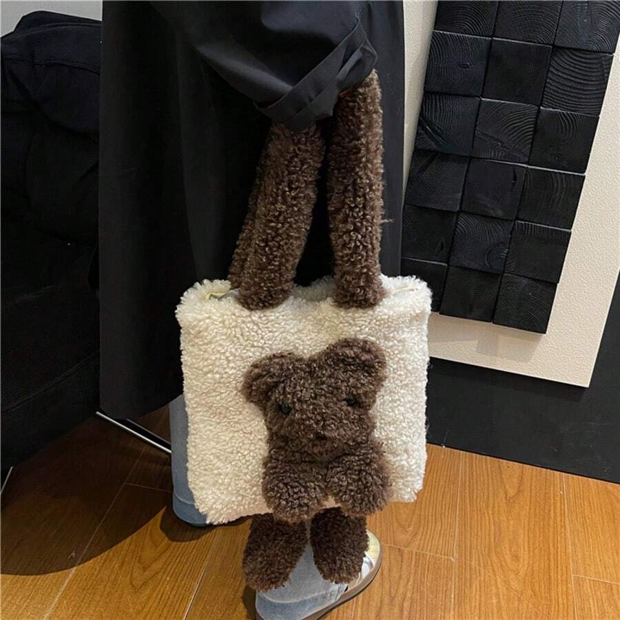 Borsa a tracolla in peluche con orsetto teddy, grande capacità, morbida e soffice