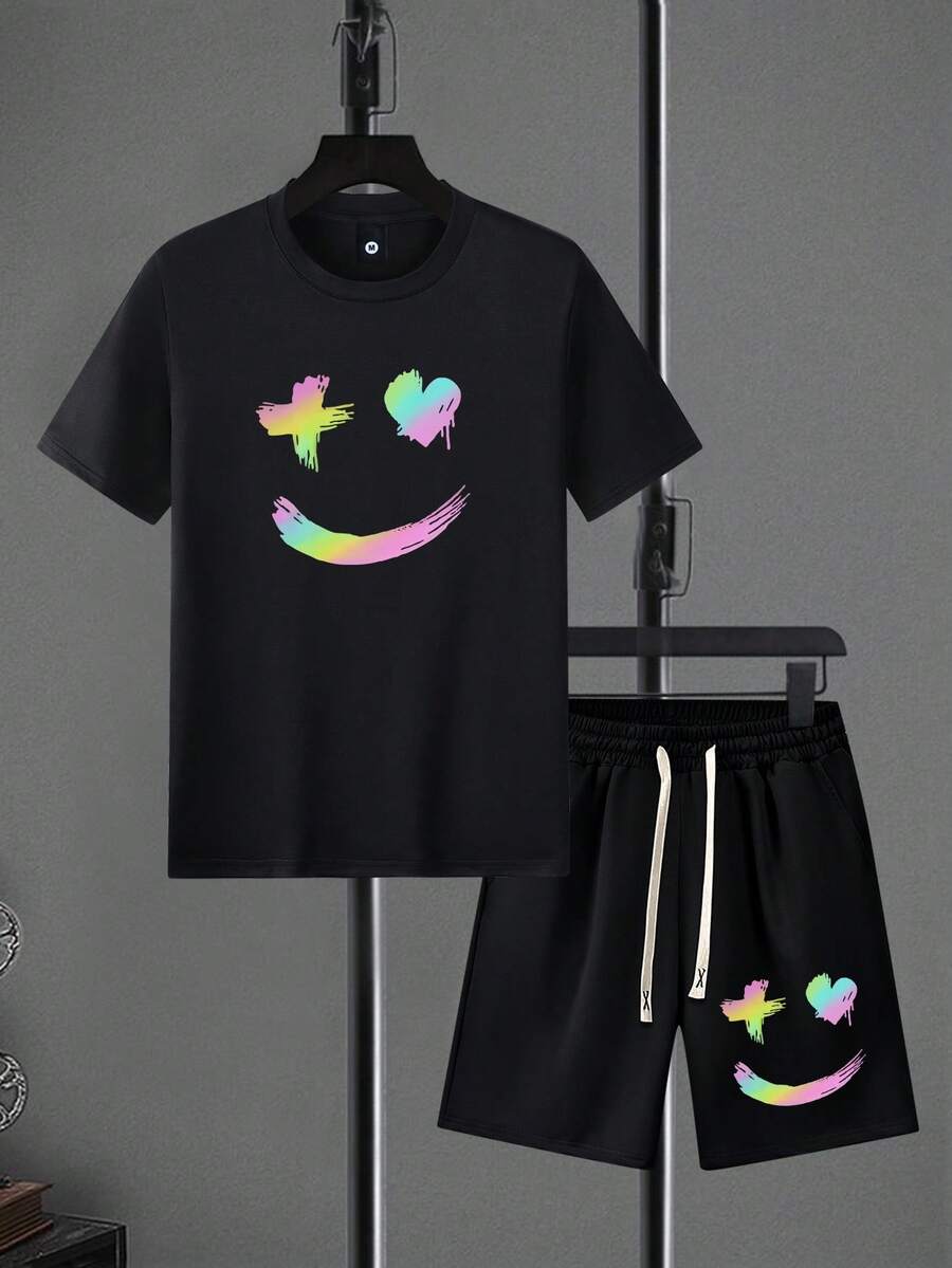 2 件男士夏季短袖 T 恤和短裤套装，万圣节图案印花休闲装，带口袋和抽绳腰带，是送给丈夫或男朋友的绝佳礼物 - 黑色 - 查看 1