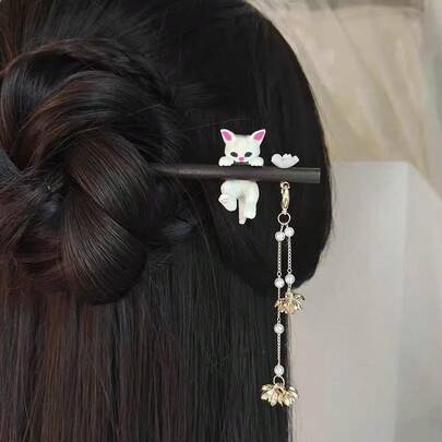 1pc Women Cat Decor Cute Hair Pin For Hair Decoration Casual Hair Bun Hair Bun Maker Bun Hair Piece Hair Styling Pins, School Stuff, Hair Accessories, Head Accessories, Hair Accessories For Women
