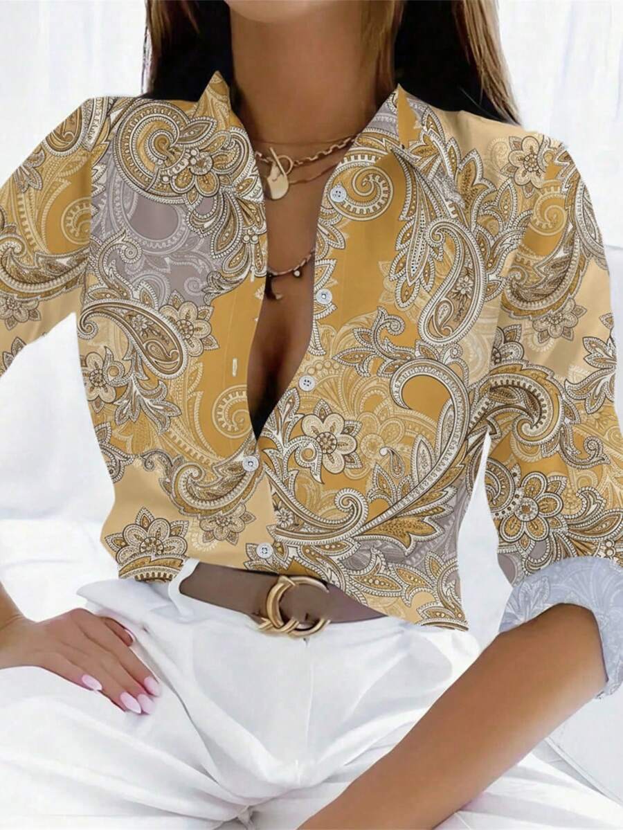 2025 女士时尚翻领数码印花休闲纽扣衬衫 - 黃色 - 查看 1