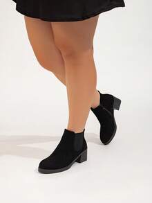 秋冬季加大码女式侧拉链黑色休闲高跟厚底切尔西靴 - 黑色 - 查看 11