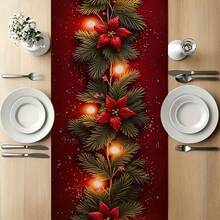 1pc Christmas Theme Table Runner, Pine Branch Print With Warm Fairy Lights, Suitable For Home, Kitchen, Dining Room, Tablecloth, Tableware, Office, Small Tea Table And Coffee Table, Christmas Table Decor