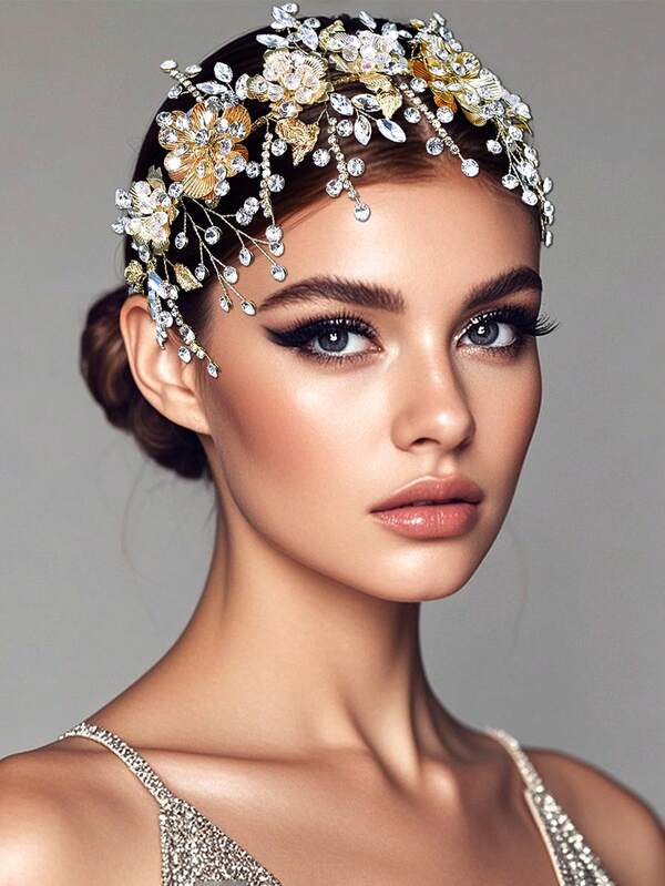 1 pezzo Elegante fascia per capelli con strass, accessorio per capelli da sposa con decorazione floreale dorata, accessorio per capelli da matrimonio occidentale, adatto per servizi fotografici, feste, Natale, Ringraziamento, bandane da donna, fasce morbide per capelli, fasce per capelli invernali