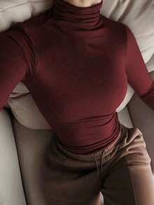 女士简约复古硬币图案优雅休闲高领长袖针织打底衫，秋冬季 - 酒紅色 - 查看 2