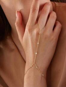 Gold Hand Chain Bracelet For Women , Gold Ring Bracelet Hand Chain Finger Ring Cuff Bracelet Cubic Zirconia Hand Jewelry For Women Summer Beach Jewelry Accessories For Women