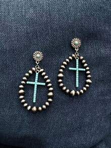 1pc Western Country Style Women Earrings, Gun Black Electroplating, Brushed Surface, Synthetic Green Turquoise Embellished, Teardrop Design, Suitable For Beach Holiday, Work, Daily Wear, Valentine's Day, Mother's Day Gift,Mom,Mother,Mother's Day,Gift - Teardrop - View 11