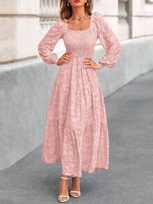Women's Long-Sleeve Ruffled Floral Flowing A-Line Bohemian Maxi Dress Bridesmaid Dresses Fall Attire - 粉色 - 查看 3