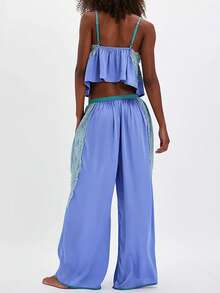 Women Y2K Satin Silk Pajame Set Lace Patchwork Spaghetti Strap Button Down Ruffled Cami Top And Wide Leg Pants 2 Piece Sleepweer Set - Màu xanh lam - Xem 2