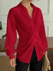 Women Drop Shoulder Solid Color Long Sleeve Twist Knot Blouse - Red - View 6