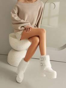 时尚厚底防水人造毛皮靴，女士侧拉链中筒靴，厚底圣诞踝靴 - 白色 - 查看 8