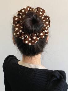 1 件波尔卡圆点超大发圈，厚灯芯绒纹理，多功能发饰，适合浓密的头发，秋冬颜色：米色、白色、黑色、发带、发圈 - 棕色白點 - 查看 2