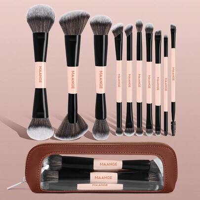 MAANGE 6/11/12件套专业化妆刷套装，包含双头化妆刷、粉底刷、面部刷、粉底刷架、散粉刷、腮红刷、扇形刷、眼影刷、唇刷、眉刷、高光刷、睫毛膏刷等。这套化妆刷是女性和女孩旅行必备的佳品。赠品、专业化妆刷、全套化妆刷套装
