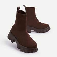 Winter Warm Ankle Boots For Women Woven Knit Sock Chunky Heel Indoor Outdoor House Shoes - 咖啡棕 - 查看 3