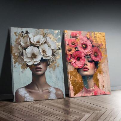 1pc, Canvas Wall Art, Framed Wall Decor Design, Gold Petal Silhouette And Pink Floral Female Portrait Canvas Wall Painting, Modern Pinewood Framed Print, Suitable For Living Room, Bedroom, Home Office Decor, Room Decor, Home Decor