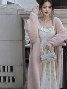 Suéter feminino elegante rosa felpudo, cardigans, roupas de Natal, moda outono inverno, pele sintética, casaco longo, estilo coreano, feminino, casual, solto, malha, agasalho