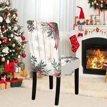 1/4/5/6/7/36 piezas Hojas verdes, bayas rojas, copos de nieve y cinta roja de Navidad, conjunto de fundas de silla/asiento con estampado de textura de madera falsa, adecuado para uso en interiores, hogar, restaurante, hotel, ideal para decoración diaria moderna. El mantel se ajusta a la mesa de comedor cuadrada, las fundas de silla elásticas son lavables. - Multicolor - Ver 15