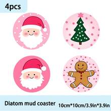 4 piezas/6 piezas/300 piezas Posavasos de barro de diatomeas con patrón de Papá Noel lindo sobre fondo rosa, posavasos de café, decoración multiocasión para el hogar y restaurante, regalos diarios, decoración de mesa, decoración diaria, decoración de fiesta temática