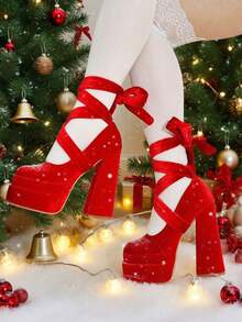 Platform High Heels For Women Goth Sexy Bow Chunky Heel Mary Janes Dressy Ankle Strap Round Closed Toe Y2K Shoes Elegant Outfits Valentine's Day - Đỏ - Xem 11