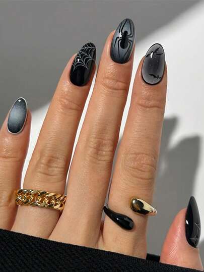 24pcs Short Almond-Shaped, Press-On Fake Nail Set, With Halloween Black Spider Web Gradient Ombre, Acrylic Full Cover Overlay Manicure Kit, Perfect For DIY Art Supplies. Includes A Piece Of Jelly Glue And A Nail File, Suitable For Daily Wear, Parties, Dancing, And Gift-Giving.