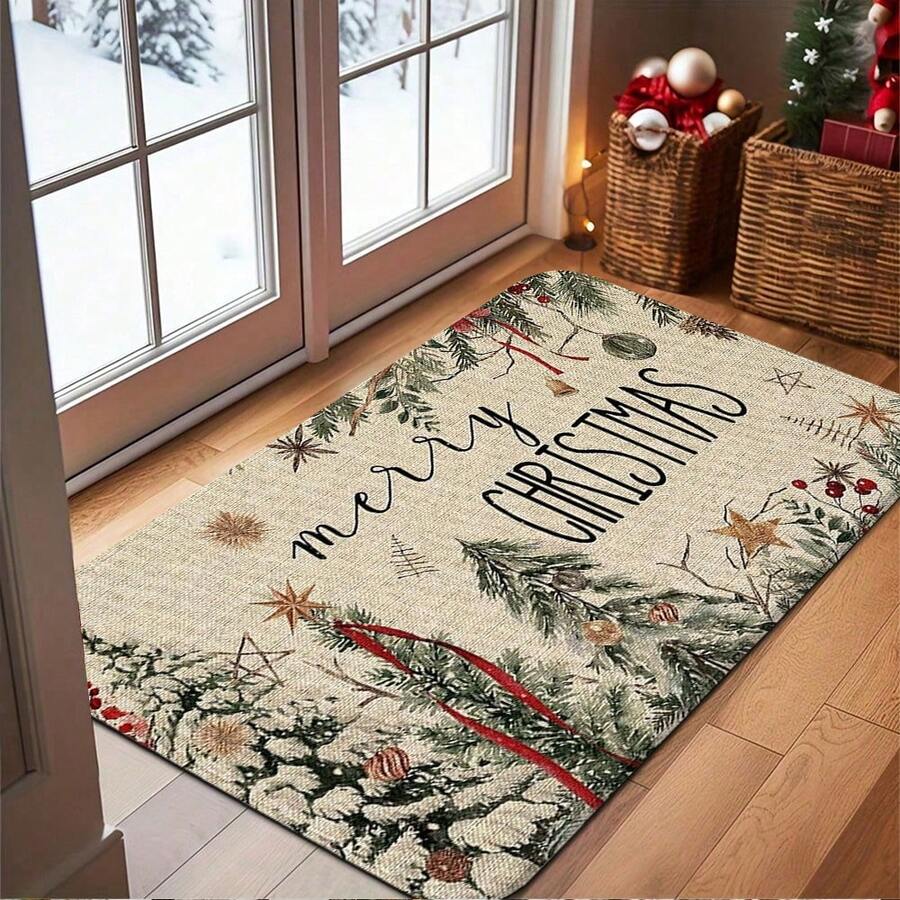 1pc Christmas Doormat, Christmas Element Decorative Floor Mat, Anti-Slip Christmas Indoor Doormat, Thickened Flannel Material, Soft, Comfortable, Easy To Clean, Suitable For Bedrooms, Living Rooms, Dining Rooms, Bathroom Entrances, Laundry Rooms - Multicolor - View 1