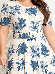 DRESS WITH BELT, FULL GODÊ SKIRT, SHORT SLEEVES, ROUND NECKLINE WITH VISCOLYCRA FLORAL PRINT - Màu xanh lam - Xem 5