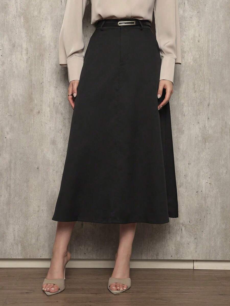 Long Monochromatic Tailored Skirt With Black Belt/Button Details/Casual/Look/Everyday/Summer/Elegant/Casual/Stylish/Collection 2025 - màu đen - Xem 1
