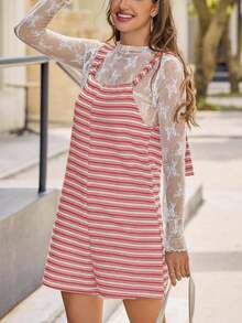 Womens Fall Striped Romper Sleeveless Loose Fit Jumpsuit Tied Shorts With Pockets Outdoor Casual Out - 粉色 - 查看 4