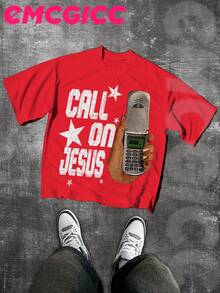EMCGICC Jesus Shirt,CALL ON JESUS,Y2k,Graphic Shirt Men's Summer Short Sleeved Pure Cotton Comfortable And Breathable Casual Outdoor Street Round Neck T-Shirt, A High-Quality Fashion Brand, A Surprise Gift For Family And Friends.Graphic Tees Men,God Shirts - Đỏ - Xem 1