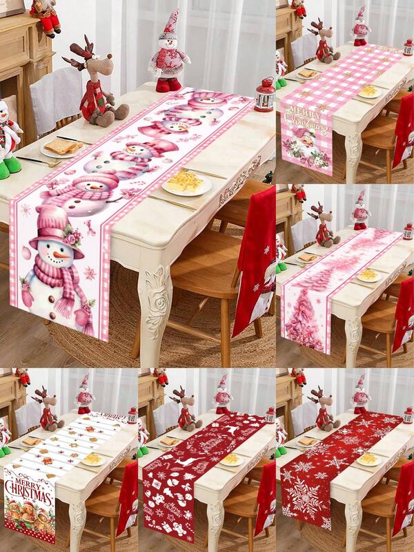 1pc Pink Christmas Table Runner, Cute Snowman, Santa,Gingerbread Man, Xmas Tree, Elk Pattern, Christmas Tablecloth, Polyester Tablecovers Decor, Holiday Home Kitchen Dining Party Table Decorations, Perfect For Holiday Family Gatherings & Home Decor, Christmas Decor, Indoor Outdoor Party Supply 13 X 71 Inch