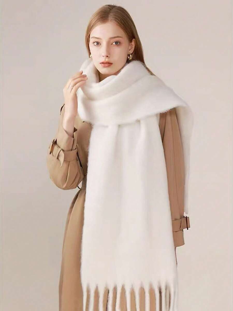 1pc Solid Color Scarf, Winter Warm Neck, Thickened Wool Knitted Thick Fringed Shawl, Can Be Worn