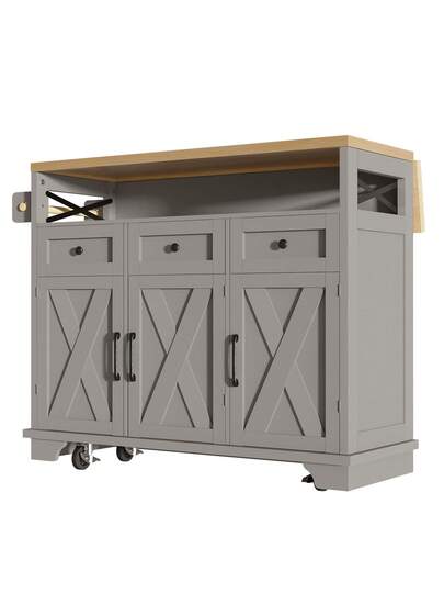 Sairedel Mobile Kitchen Isl Wheels Wood Grain 118x43 80x98 Cm, Grijs Multifunctional Storage Space, Removable Dividers Towel Rack Practical Dining Cart Cabinet view 11