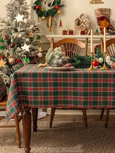 1pc Christmas Breathable Polyester Red & Green Plaid Tablecloth, Suitable For Party, Banquet, Restaurant, Kitchen, Dining Table Decor, Square