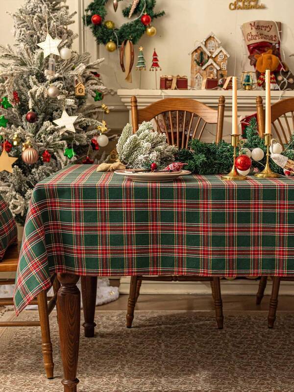 1pc Christmas Breathable Polyester Red & Green Plaid Tablecloth, Suitable For Party, Banquet, Restaurant, Kitchen, Dining Table Decor, Square