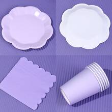 10 件/20 件/40 件/50 件/套，浅紫色花形扇贝甜点一次性纸盘、杯子和餐巾，花瓣紫色一次性 9' 7' 盘子纸巾杯适用于茶会、生日、新娘送礼会、婴儿送礼会、婚礼、野餐派对、活动、派对用品 - 紫色 - 查看 7