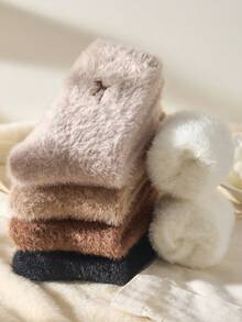 2/4 Pairs White And Brown Fuzzy Crew Socks For Women, Bow Design, Warm & Fluffy, Soft & Comfortable, Suitable For Autumn/Winter, Random Color - Multicolor - View 4