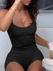 AiTyi 女式两件套，休闲时尚性感舒适运动装，适合日常穿着、毕业典礼、返校，多功能吊带背心和短裤套装 - 黑色 - 查看 4