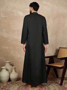 穆斯林男士休闲纯色传统阿拉伯长袍 - 黑色 - 查看 3