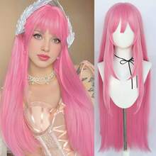 Peluca rosa con flequillo de estilo elegante para mujer, peluca romántica para el Día de San Valentín, peluca de cabello liso extra largo, peluca sintética resistente al calor con capas de cabello rosa para cosplay de anime, peluca ultra larga con flequillo como regalo de cumpleaños, decoraciones navideñas - Rosa - Ver 13