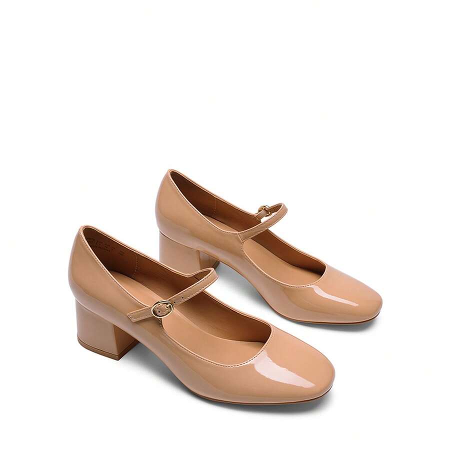Women's Mary Jane Chunky Heel Pumps Block Heels Closed Toe Comfortable Festival Party Dress Office Shoes - 杏色 - 查看 1