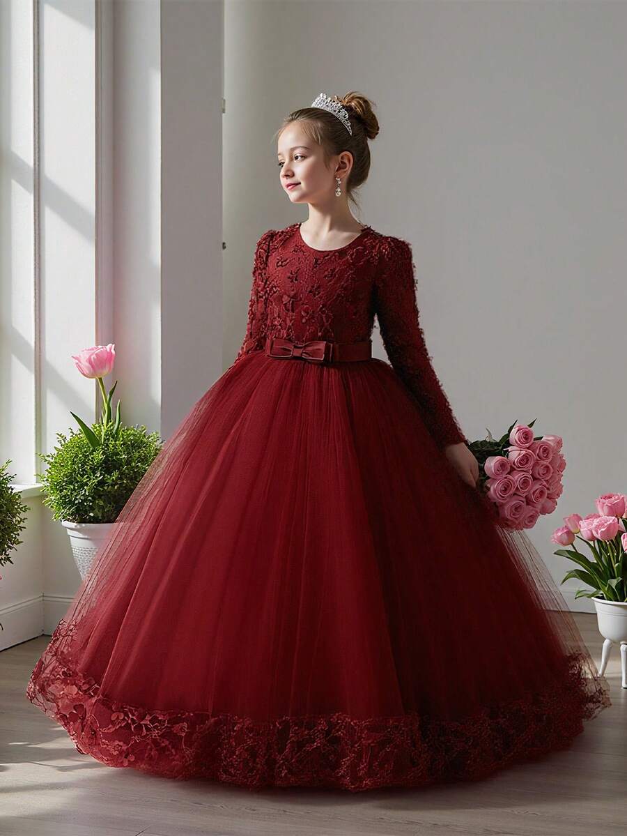 Young Girls' Round Neck Long Sleeve Lace Mesh 3D Floral Bow Elegant Flower Girl Dress For Formal Party, Birthday, Excludes Headband