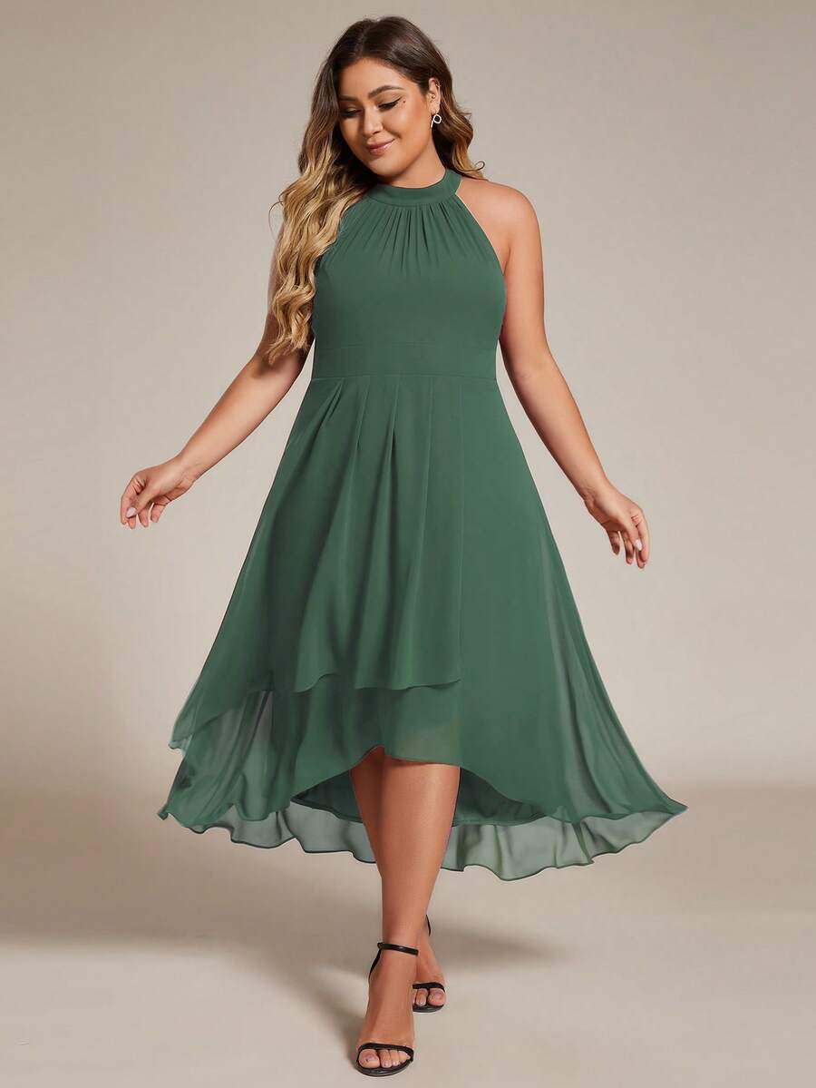 Plus-Size Elegant Chiffon Sleeveless Halter Asymmetric Hem Guest Dress For Wedding And Bridesmaid Occasions