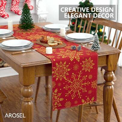 Mantel navideño de temporada de invierno, decoración de mesa de comedor navideña con copos de nieve rojos y dorados, decoración de mesa de cocina navideña, decoración para el hogar y fiestas tanto en interiores como exteriores