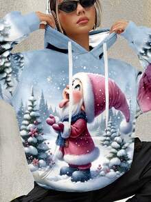 Plus Size Women Christmas Print Pocket Drawstring Hooded Sweatshirt - Blue - View 1