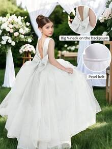 少女白色优雅仿珍珠蝴蝶结薄纱长裙，公主裙，花童婚礼礼服，晚礼服，生日派对，舞会，度假，复活节 - 白色 - 查看 6