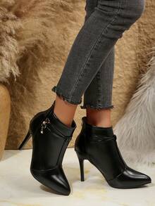 Giày bốt cổ ngắn màu đen, gót mỏng, thường ngày, màu đen, có khóa kéo sau bằng đá giả kim cương dành cho nữ mùa thu/đông - màu đen - Xem 3