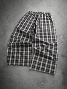 Men's Black & White Plaid Wide Leg Loose Casual Pants - Black and White - View 5
